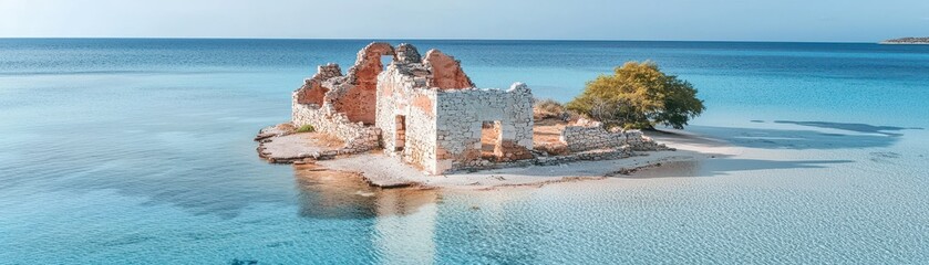 A serene island scene featuring the ruins of a building surrounded by calm blue waters and a small tree.