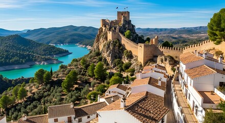 Scenic View of Guadalest Castle and Village Overlooking Turquoise Reservoir in Spain.
