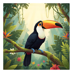 Colorful toucan perched on branch in vibrant tropical rainforest  