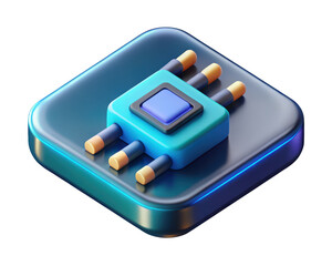 Stylized microchip icon semiconductor component on background high tech circuit board design 3d illustration isolated on transparent background