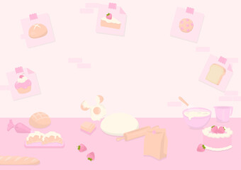 Baked goods on table and wall background