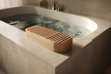 Wood slatted bath pillow on a modern soaking tub ledge in a minimalist bathroom with warm light. AI generative