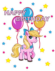 Cute Pink Pony Birthday Card with Balloons and Stars Illustration Happy birthday 