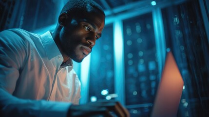 Focused programmer working at laptop in futuristic server room