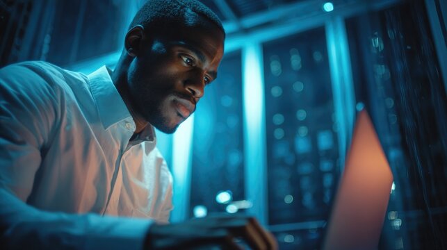 Focused programmer working at laptop in futuristic server room