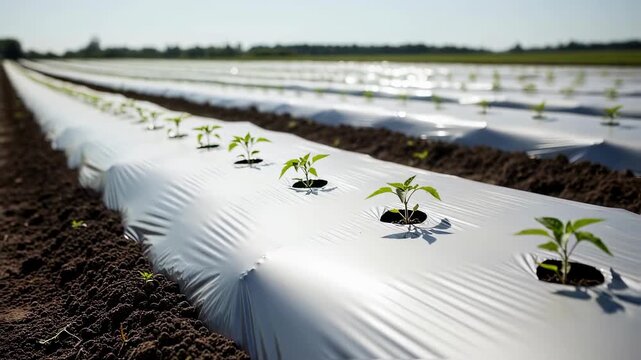 Medium shot of reflective silver plastic mulch layered on soil demonstrating heat reflection benefits and pest deterrence techniques in modern plasticulture farming.