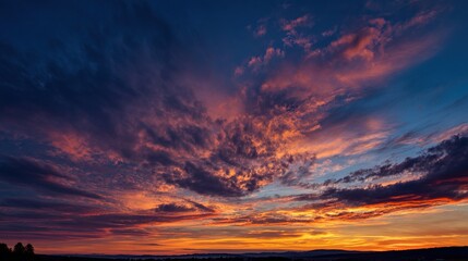 peace. A breathtaking sunset sky panorama with vibrant warm hues and glowing clouds. inspiring travel planning, travel magazines, designed for travel destination branding, inspires travel planning.