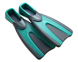 Turquoise and gray diving fins for swimming underwater activities 3d illustration isolated on transparent background