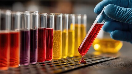 Row of laboratory test tubes with colorful liquids and chemical experiment process