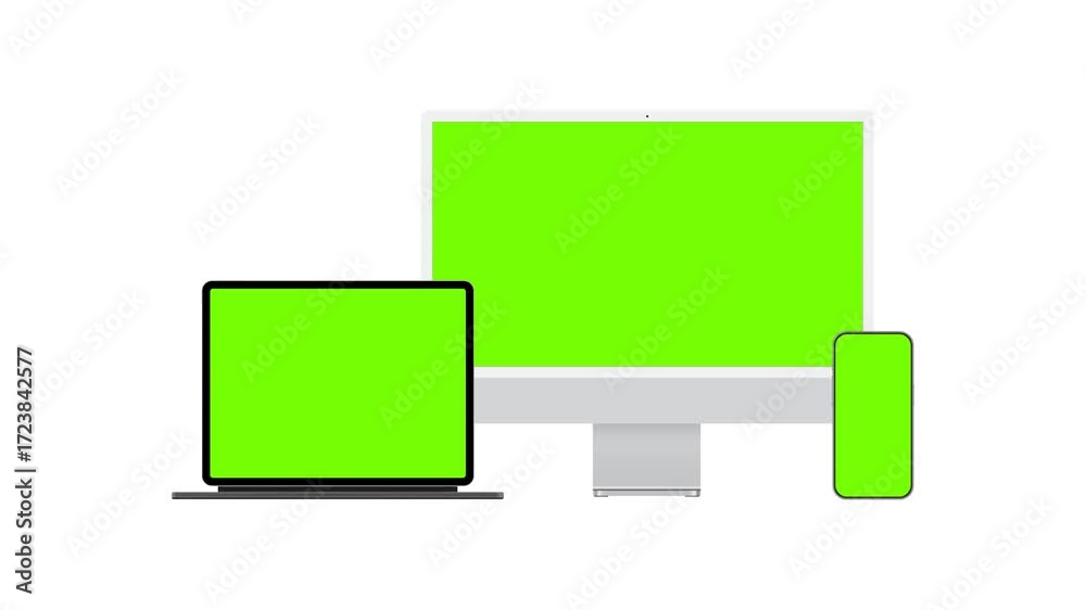 Wall mural animated mockup with gray monitor, tablet with keyboard and smartphone, all with green screens on wh