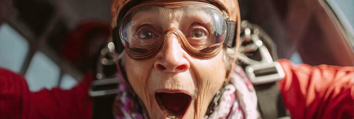 Elderly woman's excited expression during skydive adventure