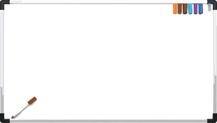 Whiteboard vector illustration, blank board design, marker and eraser set, office tool, classroom supply, clean surface, minimal layout