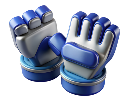 Two stylized blue and white robot hands displayed on stands 3d illustration isolated on transparent background - Powered by Adobe