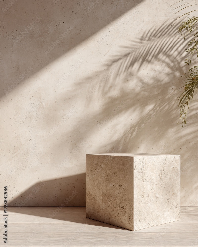 Wall mural minimalist product display on podium with soft shadows