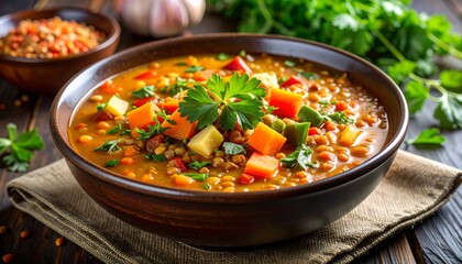 Hearty Lentil Soup with Vegetables in Rustic Bowl.