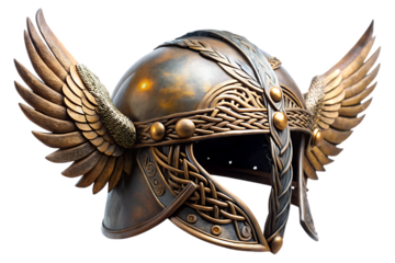 Ornate Viking Helmet with Golden Wings norse warrior cutout PNG isolated on a transparent background