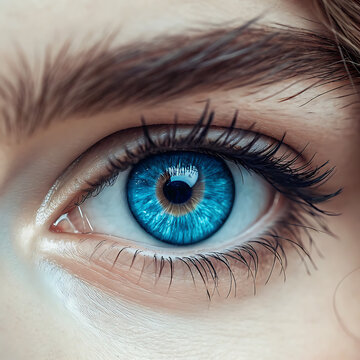A striking close-up of a piercingly vibrant blue eye with a warm brown ring around the pupil, highlighted by long, perfectly curled eyelashes and a well-groomed eyebrow.

