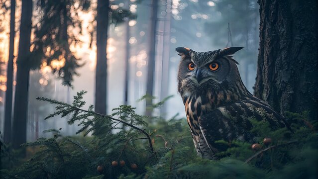 Majestic eurasian eagle owl perched in a misty forest at golden hour light
