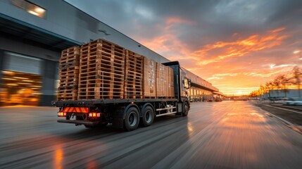 Delivery truck transporting wooden pallets near warehouse at sunset
