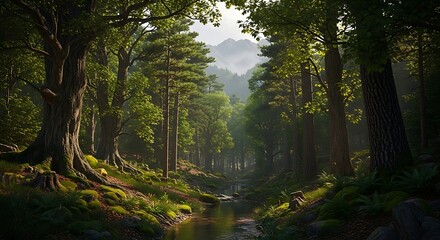 Obraz premium Sunlit stream flowing through a dense and ancient green forest.