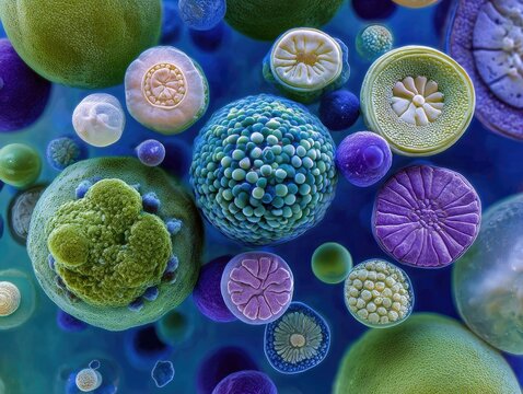 Microscopic view of diverse, colorful, spherical and patterned cells, floating in a blue liquid