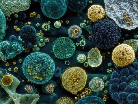 Microscopic view of diverse, colorful organic spheres and structures