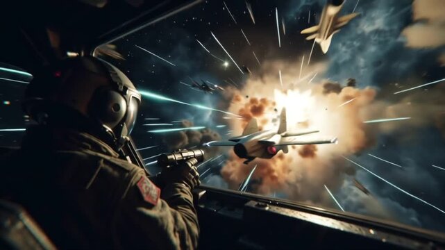 The fury of interstellar combat seen from inside a starfighter cockpit as an enemy ship explodes in a blaze of glory