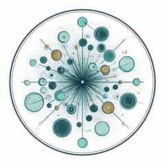 Diagram of a petri-dish field morphing into a star chart; cell membranes traced as orbital paths. AI generative