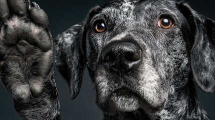 Close up of black and gray spotted dog raising paw with expressive eyes