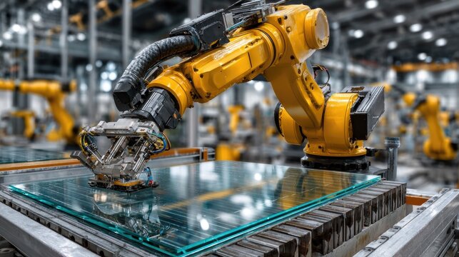 Industrial robot arm working with glass in modern factory
