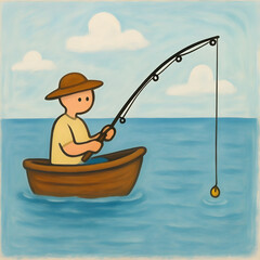 Cartoon man fishing from a small boat in calm blue water  