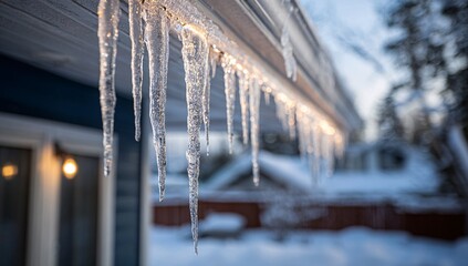 Icicles Hanging from Roof Edge in Snowy Neighborhood