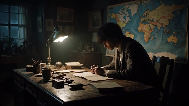 Focused historian or author working by lamplight in a dimly lit, atmospheric office with a large world map on the wall