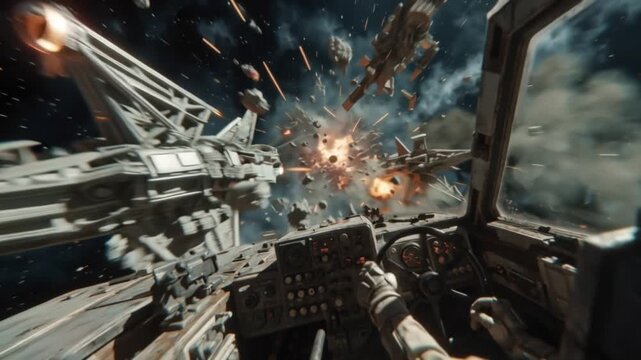 Dynamic first-person perspective of an intense futuristic space battle with explosions and debris, highlighting high-stakes interstellar conflict and advanced spacecraft warfare