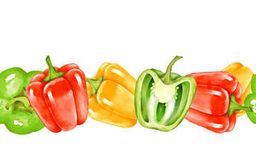Hand-drawn illustration of a seamless border with red, yellow, and green bell peppers