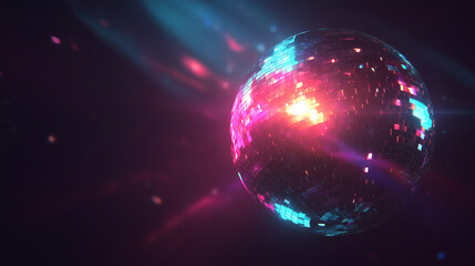 glowing disco ball with colorful neon light rays, retro dance party decoration for club, music, and nightlife design