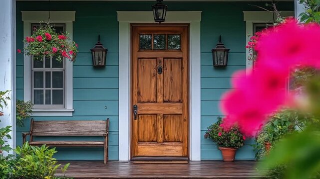 Wooden front door on teal porch