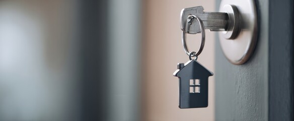 The house key with miniature house keychain hanging in modern door lock
