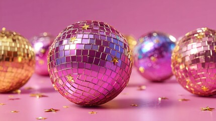 Glamorous pink and gold disco ball with shiny mosaic tiles and stars
