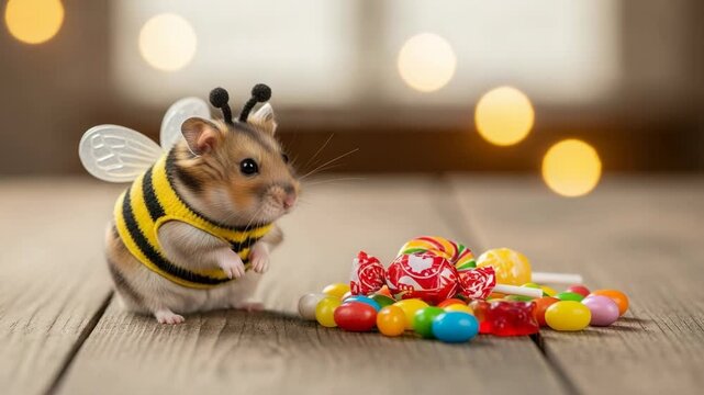 Cute hamster in a bumblebee costume with a pile of colorful Halloween candies