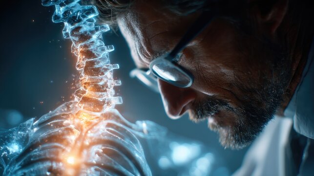 Scientist analyzing glowing spine with futuristic medical technology