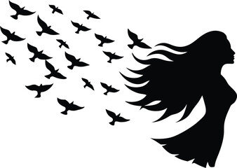 a woman with long flowing hair transforming into a flock of birds flying away silhouette vector