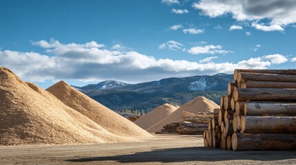 Lumberyard Stacks: Hills of wood shavings and neatly stacked logs under a bright sky with mountain backdrop offer an industrial landscape portrait.
