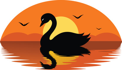 swan glides on calm water reflecting a vibrant orange sunset with birds flying overhead white background.