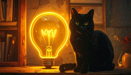 Black cat by glowing lightbulb