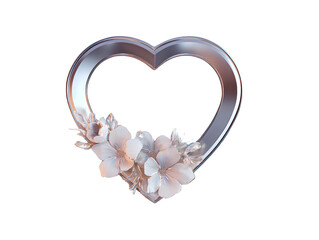  Minimal silver heart-shaped photo frame with modern floral accents, top-down 3D illustration, isolated on transparent background PNG
