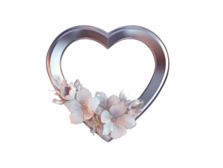 Minimal silver heart-shaped photo frame with modern floral accents, top-down 3D illustration, isolated on transparent background PNG