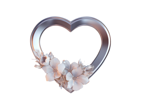 Minimal silver heart-shaped photo frame with modern floral accents, top-down 3D illustration, isolated on transparent background PNG