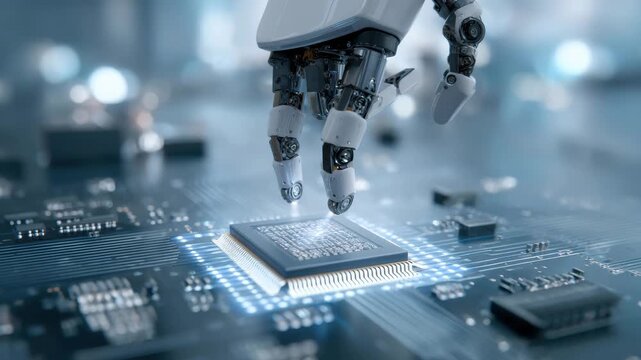 A robotic hand skillfully positions a microchip onto a circuit board in a modern tech lab. This highlights advancements in robotics and microelectronics taking place in real-time