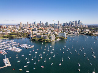 Sydney, Australia: Aerial view of the Elizabeth and the Rushcutters Bay marina with the Sydney skyline in Australia on a sunny day